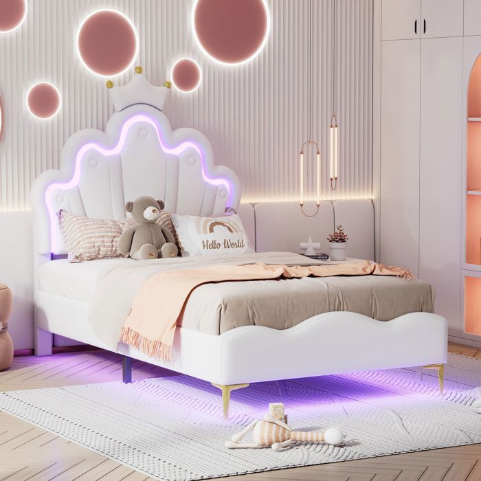 Lit Enfant Fille 90x200 Cm Avec Tête De Lit Couronne Et LED - Cadre Rembourré Blanc/rose, Sommier à Lattes Inclus