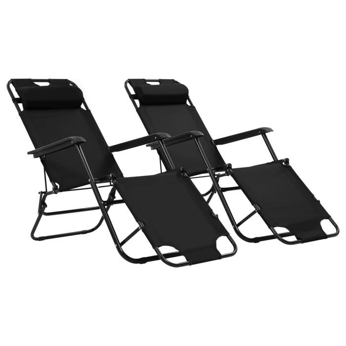 Chaises longues pliables 2 pcs-Bain de Soleil avec repose-pied Acier Noir