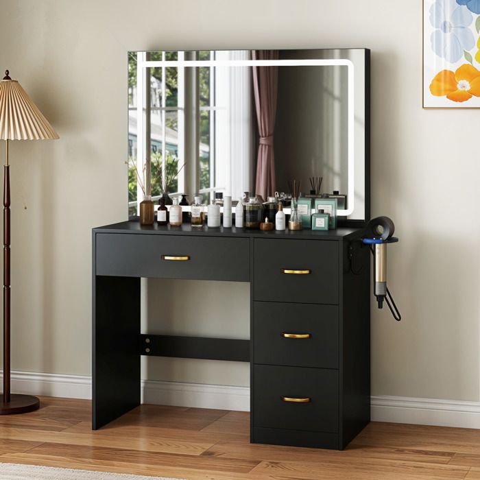 Coiffeuse avec Miroirs BALCONERA - avec éclairage LED- 4 Tiroirs- 3 Couleur réglable- Noir-90*40*136cm