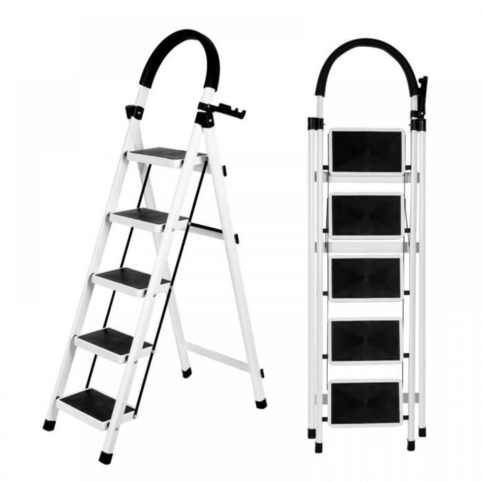 JEOBEST Escabeau Pliable avec Main Courante Echelle à 5 Marches Marche Pied Pliant Marches Larges Pour Cuisine Maison