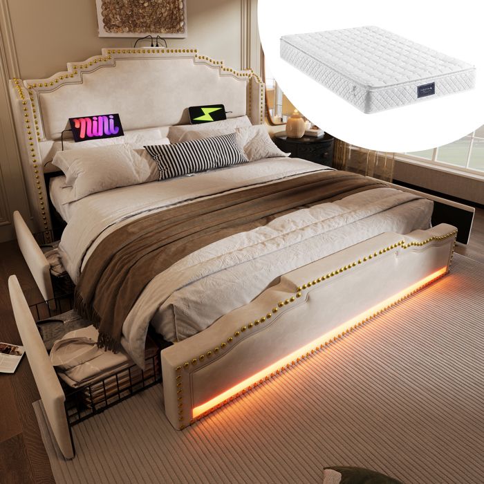 Lit capitonné - Merax - 140x200 cm - 4 tiroirs - LED - USB-C - Velours beige