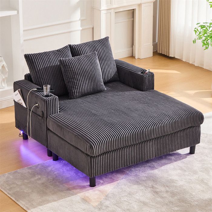 DRIPEX Canapé fauteuil Longue avec éclairage LEDporte-boissons et ports USBCanapé lit Paresseux en Velours Côtelé Gris128×142cm
