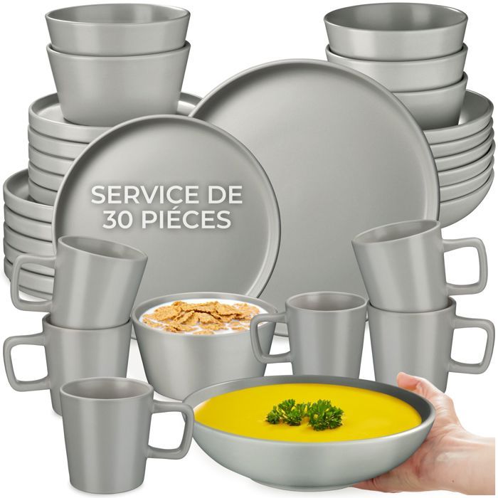 Service de vaisselle - TECTAKE - Service de vaisselle UNA en grès composé de 30 pièces pour 6 personnes style urbain - Gris