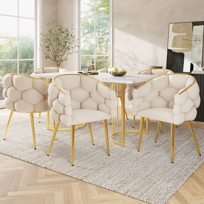 Ensemble table et chaises 140x80 design moderne table 6 places chaises velours confortables structure métal doré plateau laqué
