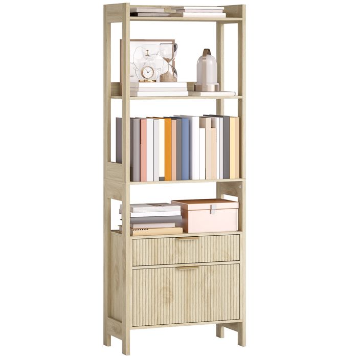 Bibliothèque - HOMCOM - 4 étagères ouvertes et 2 tiroirs cannelés - panneau de particules et MDF - 60 x 30 x 160 cm - bois naturel