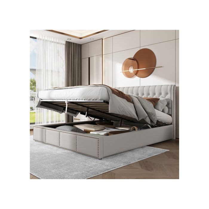 Lit rembourré lit double - 135 x 190 cm avec levier hydraulique détails cloutés matelas et literie non inclus gris clair