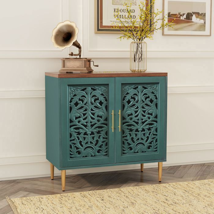 Buffet de cuisine - HOLTICO - Buffet de rangement style français avec 2 portes sculptées moderne - 80 x 80 x 40 cm - Vert