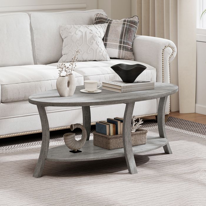 GIANTEX Table Basse Ovale à 2 Niveaux- Étagère de Rangement- Patins Antidérapants- Table d’Appoint- Bureau Salon- 111x60 5x47cm-Gris