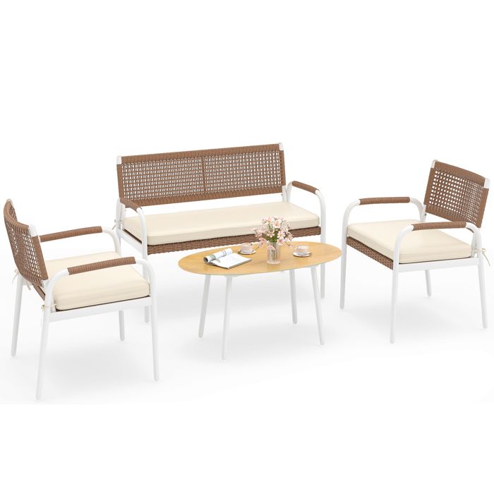 Ensemble Mobilier de Patio 4 Pièces COSTWAY Canapé 2 Places en Rotin PE 2 Fauteuils avec Coussins Doux Table en Verre Trempé