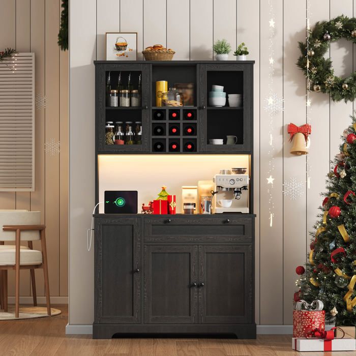 Buffet Haut de Cuisine - avec LED et Prises - Armoire Vitrine Rangement - Noir - 180 × 105 × 40 cm