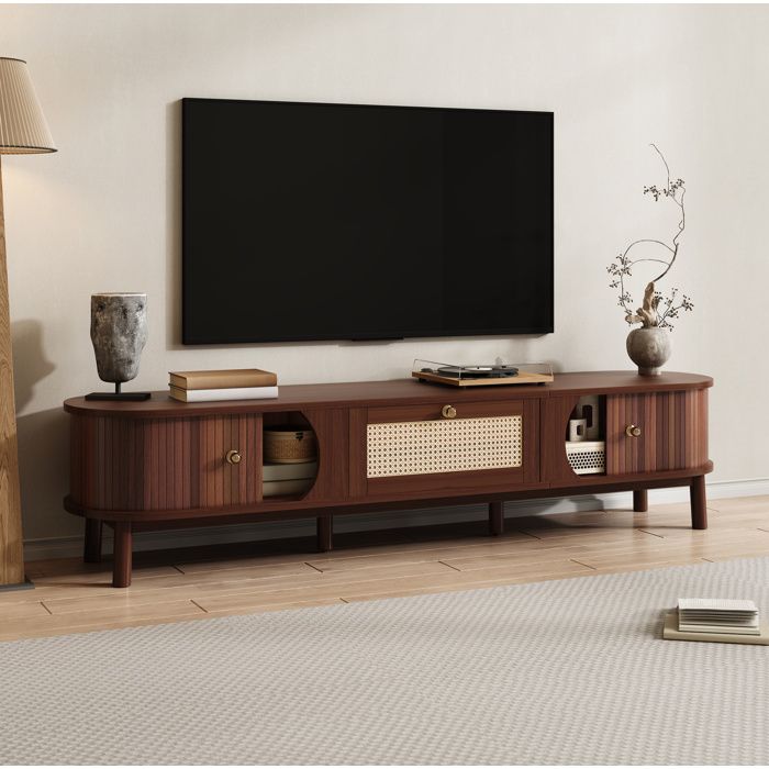 Meuble TV 170x38x39.5 cm. Tiroir Rattan + 2 Portes. Avec espace de rangement. meuble tele bas de salon. marron