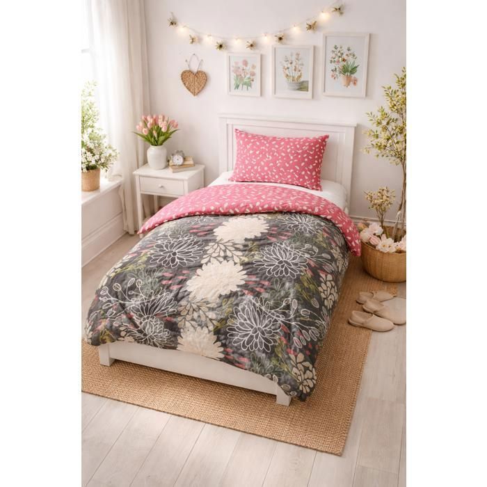 Couette - MORTREUX - 140 x 200 - Tempérée - 300 g/m² polyester - Microfibre imprimée rose
