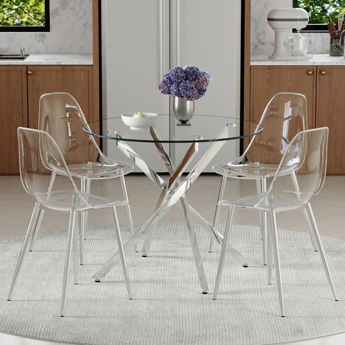 Ensemble table et chaises ronde en verre trempé de 88 cm de diamètre Table à manger avec 4 chaises transparentes en plastique