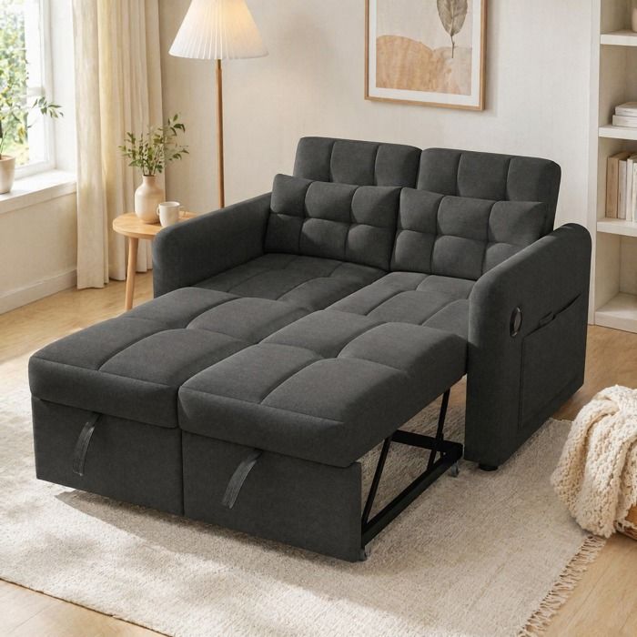 Canapé convertible 3-en-1 avec dossier réglable USB et poches latérales - TCQPZ - en tissu gris 2 places