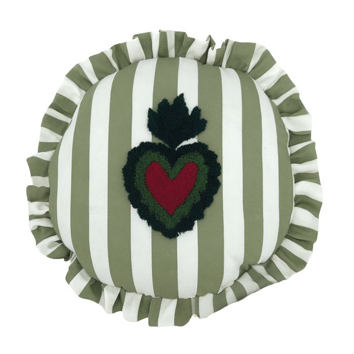 Coussin rond à rayures avec motif cœur brodé Kaki 42 cm Coussin rond à rayures avec motif cœur brodé Kaki 42 cm