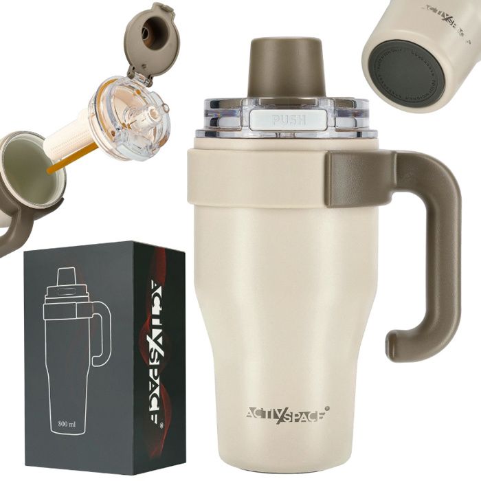 Gobelet isotherme avec paille et anse pour café thé hermétique 800ml - beige