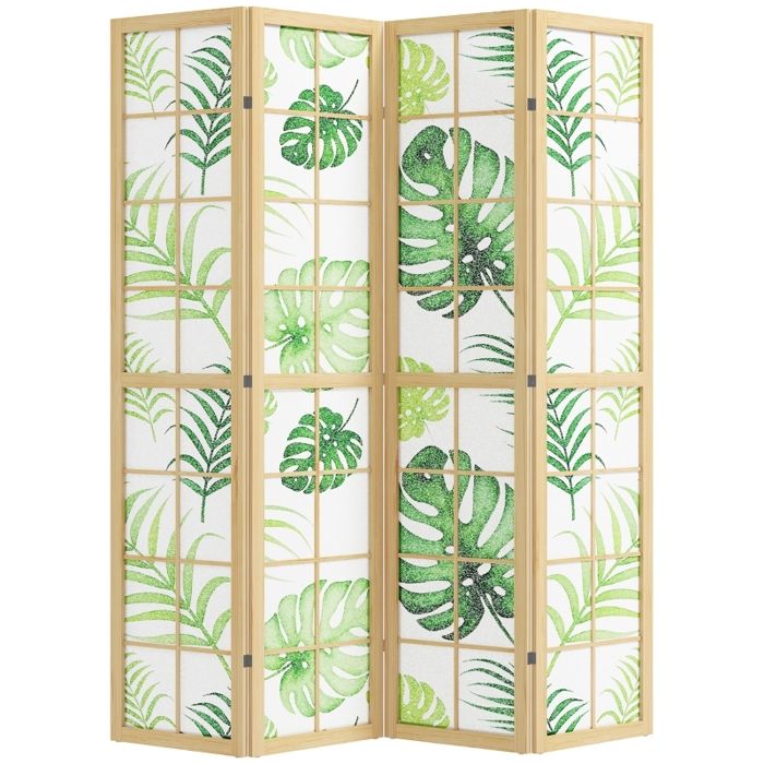 Paravent pliable boho - 4 panneaux - Motif tropical - Cadre en bois - 170 cm de hauteur - Charnières pivotantes à 180°