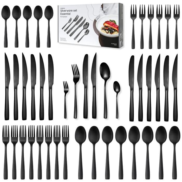 Deleca Ménagère Essential 72 Pièces 12 Personnes - Couverts Inox Noir Brillant Lave-Vaisselle