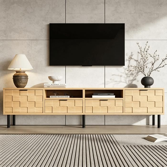 Meuble TV bas 200x35x44 5cm banc TV salon pour TV 80 pouces 2 portes battantes 2 tiroirs niches ouvertes décor 3D effet bois naturel