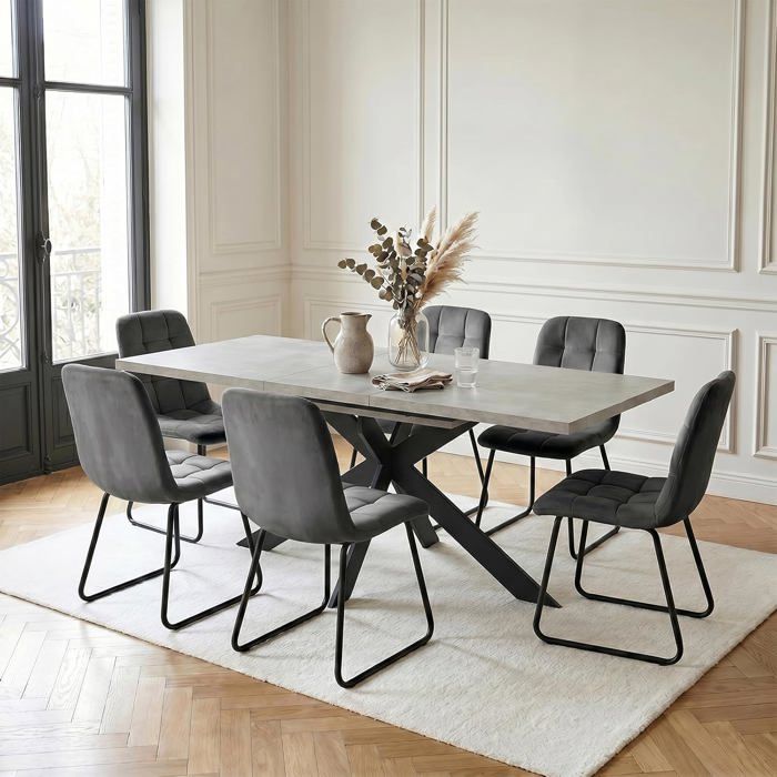 JIEXI Table de salle à manger extensible et 6 chaises 130 à 170 cm table de cuisine en MDF grise avec chaises en velours gris