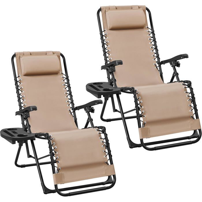 Lot de 2 transats zero gravity pliables - assise textilène beige coussin détachable charge max 114 kg
