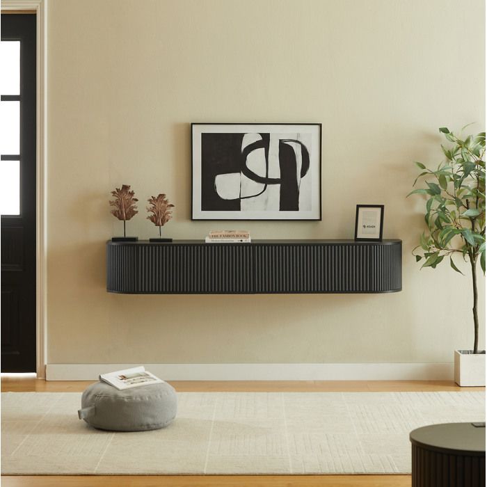 Meuble TV mural suspendu 180 cm noir passage de câbles rangement fermé portes rainurées