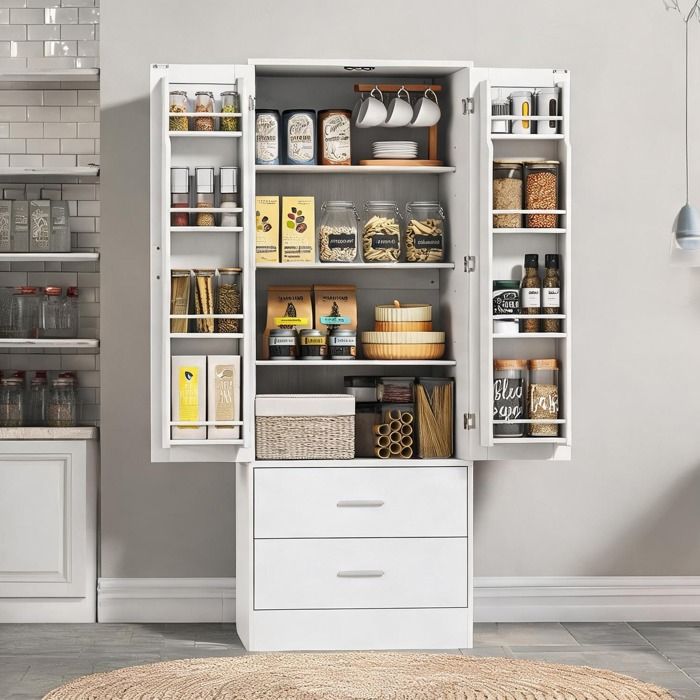 Buffet haut blanc 60x40x159 cm 2 portes Shaker 8 porte-épices 2 tiroirs panneau de particules