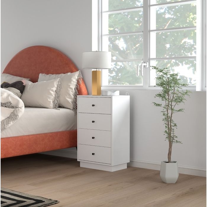 Commode 4 tiroirs AESVAR 47 x 29 x 75 cm meuble de rangement blanc en bois avec poignées noires