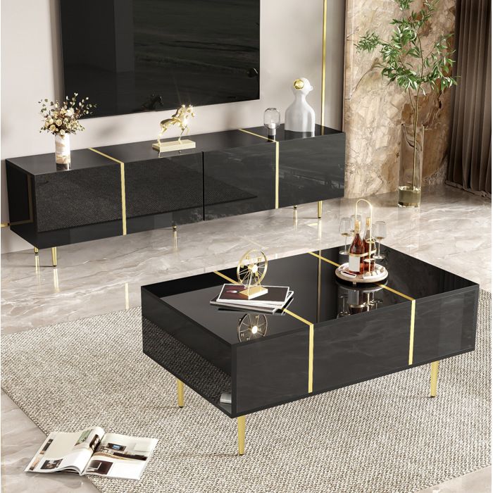 Ensemble salon - meuble TV et table basse - noir brillant accents dores MDF