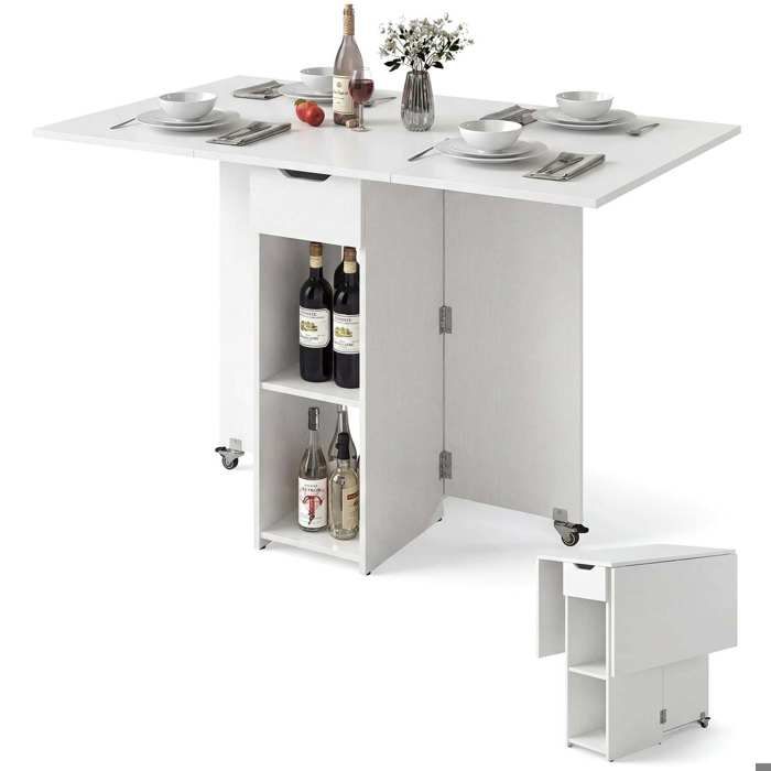 Table pliante en bois blanc table à manger extensible avec 2 étagères et tiroir pour cuisine ou petit espace