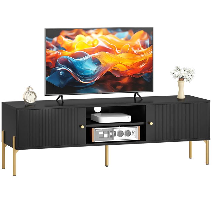 Meuble TV - HOMCOM - pour télévision jusquà 65 portes cannelées compartiments ouverts pieds - bois acier - 140x38x45 9cm - noir Meuble TV - HOMCOM - pour télévision jusquà 65 portes cannelées compartiments ouverts pieds - bois acier - 140x38x45 9cm - noir