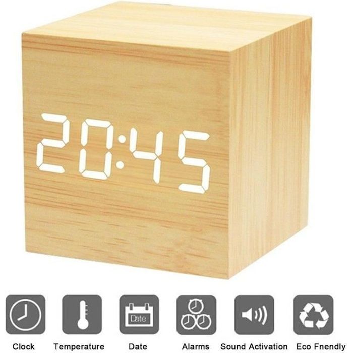 Wood Cube Horloge DEL alarme contrôle vocal numérique de chevet en bois de température UK 