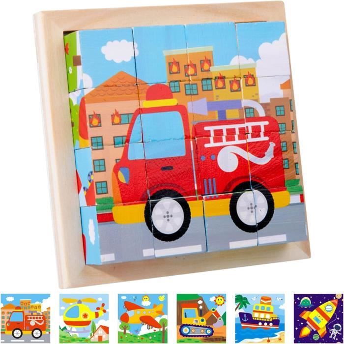 Cube dimages en bois 3D Puzzle de cubes en bois avec 16 cubes Jouet en bois pour enfants à partir de 2 à 3 4 ans garçons filles C