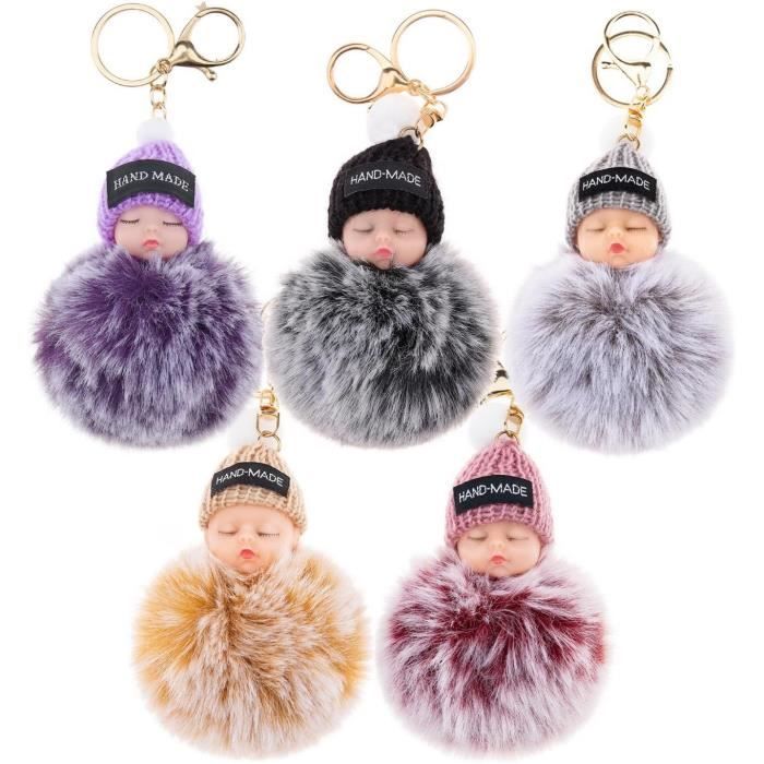 Porte-clés Peluche Bébé Endormi - Doudou Pompon Doux | 12,8cm | Fausse Fourrure | Cadeau Mignon Pour Enfants, Anniversaire, Noël