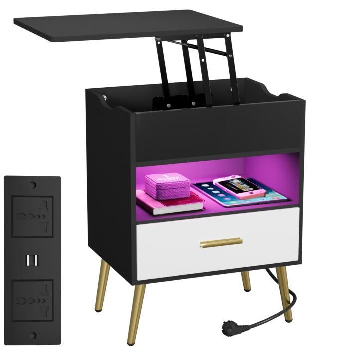 Table De Chevet Avec Chargeur Et Tiroir - Table D’Appoint Rangement 3 Niveaux - Noir