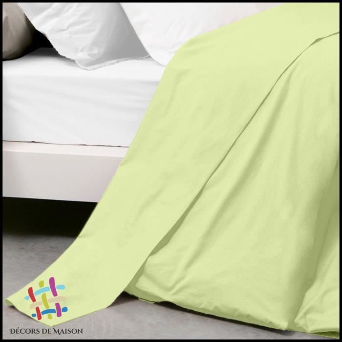 Drap Plat Uni en coton - Décors De Maison - 180x290cm - 1 Personne - Vert Pistache - Lavable à 40°
