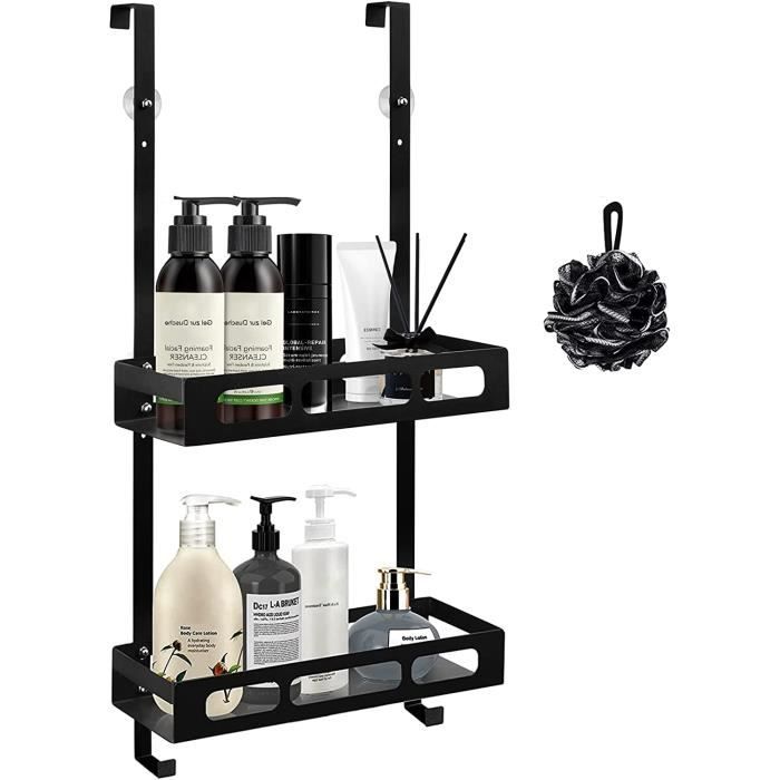 Étagère Salle De Bain Sans Perçage Emibele - Acier Inoxydable - Ventouses Et Crochets - Capacité 6kg - Noir