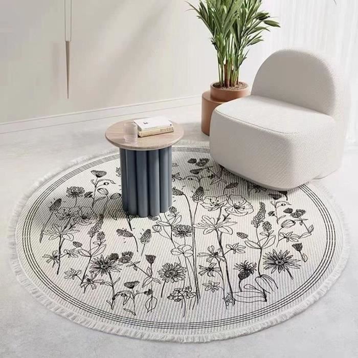 Tapis Rond Extérieur 200 Cm Polyester - Motif Mandala Bleu/or, Franges, Pour Terrasse, Jardin, Salon