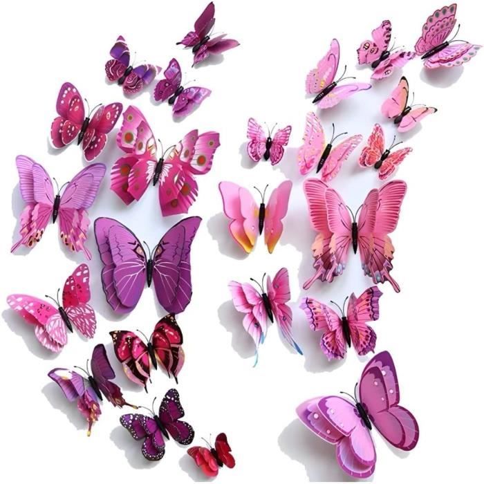 Lot 24 Papillons 3D Stickers Muraux Amovibles - Décoration Chambre Salon Magnétique