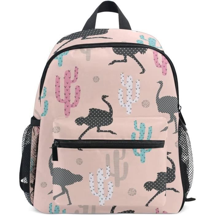 Sac ?� Dos de Autruche et Cactus sur Fond Rose Sac d'?�cole pour Enfants maternelles gar?�ons 