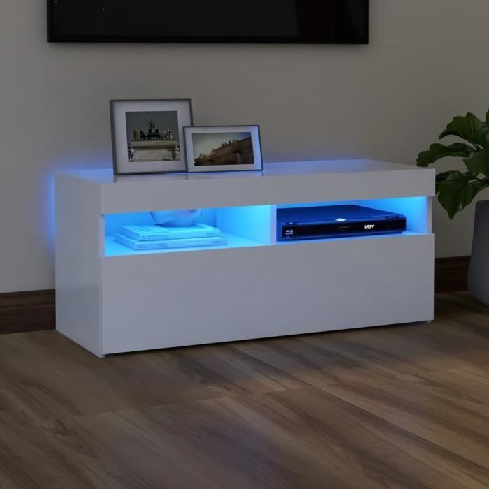 meuble tv bas sur pieds scandinave - table basse multifonction - avec lumières led blanc 90x35x40 cm