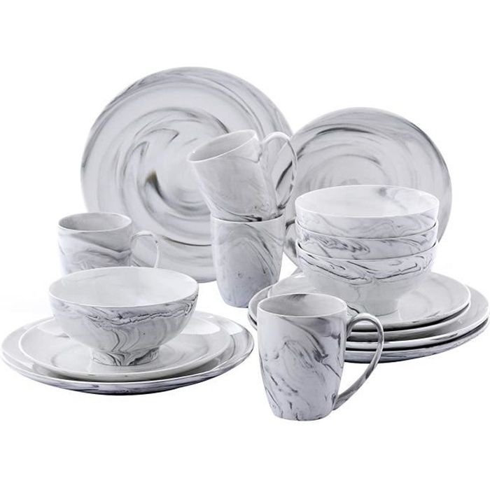 vancasso, Série Clay, Noir, Service de 16 pièces, en Porcelaine avec 4 Assiettes Plates, 4 Assiette à Dessert, 4 Bols à céréales et