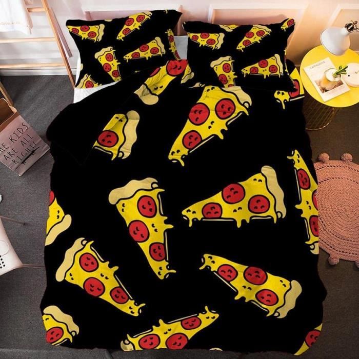 Housse De Couette 140x200 Cm Enfant Motif Pizza + 2 Taies - Microfibre Brossée, Fermeture Éclair