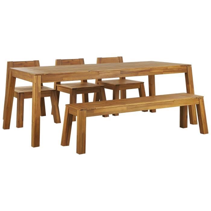Ensemble de jardin 6 places table banc et 3 chaises en bois acacia clair LIVORNO Ensemble de jardin 6 places table banc et 3 chaises en bois acacia clair LIVORNO