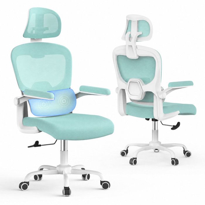 Fauteuil de bureau avec accoudoirs BIGZZIA - à Roulettes - avec appui-tête et support lombaire - Hauteur Réglable - Vert