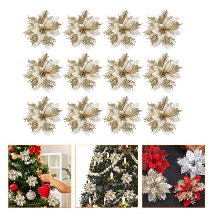 SULOLI - Lot De 12 Fleurs Artificielles De Noël Poinsettia Clignotantes 14cm Avec Clips - Décoration Sapin, Guirlande