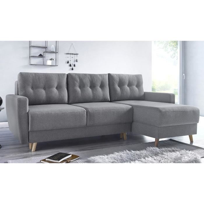 Canapé Dangle Convertible Scandinave En Tissu Gris Clair Kalix Avec Couchage 140x200 Cm Coffre De Rangement Angle Réversible