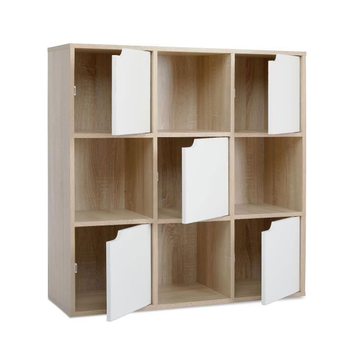 Bibliothèque MONDEER, Étagère de livres, Meuble de rangement avec 9 Compartiments, Inclus 4 Ouvert et 5 avec Porte