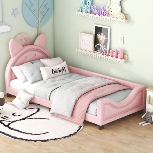 merax lit simple 90 x 200, lit bébé, forme d'oreilles en carton, avec lattes et dossier en bois, rose