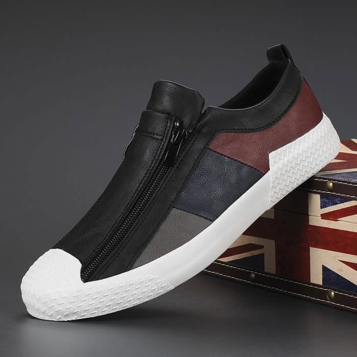 INSFITY Sneakers Homme Similicuir Fermeture éclair Casual Aéré Basse Mode - Noir-Blanc - INSFITY - Plat - Adulte - Homme